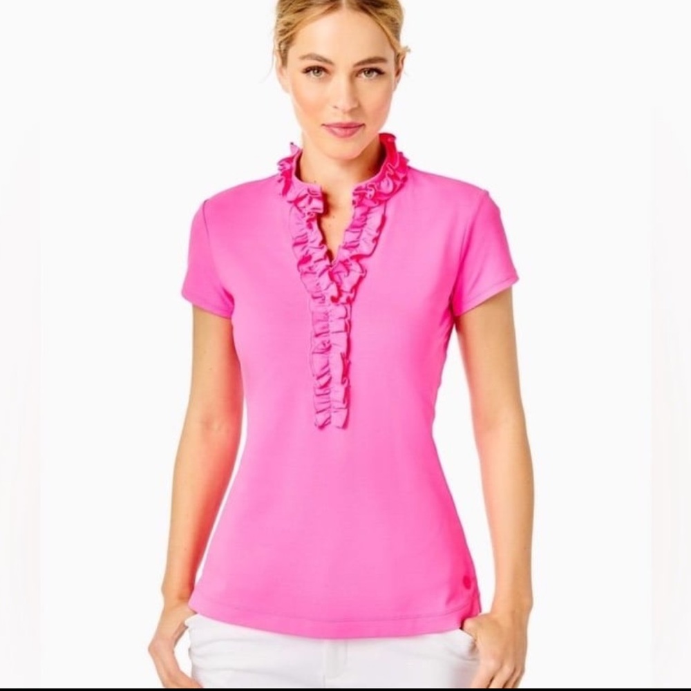 Lilly Pulitzer Luxletic Frida Ruffle Polo Top in Pink Isle